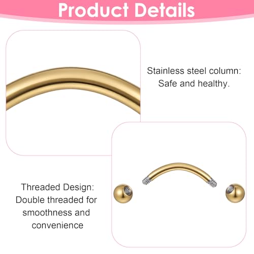 Yolev 20pcs 16g Eyebrow Piercing Jewelry Curved Barbell Eyebrow Rings 10mm | Stainless Steel, Vertical Labret, Lip Rook Piercing Jewelry, Tragus Lip Rings, For Women Men