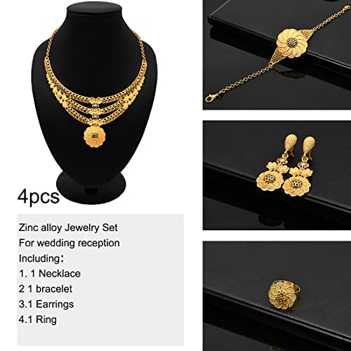 indian Women Jewelry Necklace Set african Dubai Bride Wedding Prom Fashion Jewelry 24K Gold Plated Necklace Bangles Rings Earrings - color: S-340