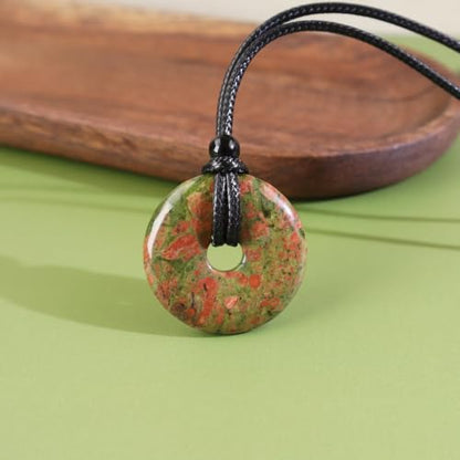 FANASY Natural Gemstone Pendant Necklce Lucky Coin Crystal Necklace Protection Donut Pendnat with Adjustable Rope for Men Women - color: Unakite