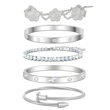 18K Gold Plated Love Bangle Bracelet Stack for Women, Adjustable Clover Bracelet & CZ Tennis Chain Set, Stackable Layered Jewelry, Fade Resistant, Long-Lasting Luster for Daily Wear & Gift - color: 5Pcs Silver