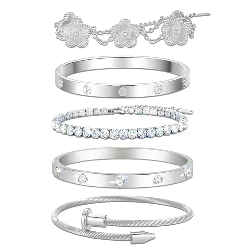 18K Gold Plated Love Bangle Bracelet Stack for Women, Adjustable Clover Bracelet & CZ Tennis Chain Set, Stackable Layered Jewelry, Fade Resistant, Long-Lasting Luster for Daily Wear & Gift - color: 5Pcs Silver