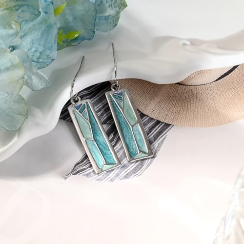 Silver Dangle Earrings for Women Shaped Rectangle Wide Bar Enamel Earrings Colorful Geometric Drop for Daily - color: Blue