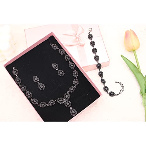 Austrian Crystal Rhinestone Necklace Dangle Earrings Link Bracelet Jewelry Set for Brides Bridesmaid Prom Costume Accessories for Women - color: Black-Gun Black