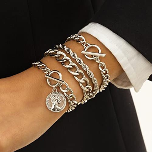Boho Fashion Dainty Boho Gold Silver Chain Stackable Bracelets Set for Women Adjustable Beaded Coin Chunky Flat Cable Chain Punk Bracelets Jewelry for Women Gift Set of 4 - color: Silver