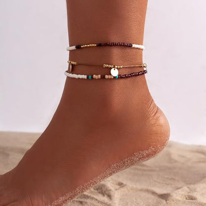 Qceasiy Starfish Ankle Bracelets for Women, Boho Beaded Beach Anklets Set | Gold-plated layered anklets in seashell, disc, and conch styles, with stretch or adjustable fits for summer beach outfits. - color: Brown 1