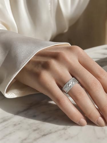 Heavy Solid 925 Sterling Silver, Band Ring for Women, Adjustable (Sizes 6–9) Open, weight 3.7g, Statement Ring with Dual Micro-Pave Stones - color: Silver