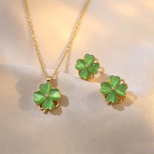 Rotating Sunflower Necklace & Earrings Jewelry Set for women| Gold coating Titanium Alloy with Sparkling Cubic Zirconia| Jewelry box +Tote Bag +3D Card |Gift for Birthday, Anniversary or Mother's Day - color: SpinningClover