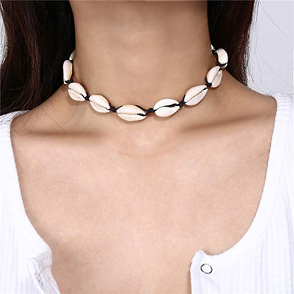 Starain 2Pcs Shell Necklace Anklet for Women Handmade Adjustable Puka Beach Shell Necklace Set - color: A-Black
