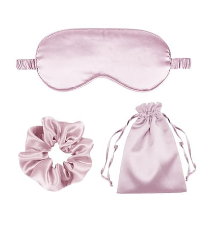 3Pcs Satin Eye Mask Silk Sleep Masks Set Silky Blindfold Eyeshade Blackout Eyes Cover Pouches Bag Scrunchy Wedding Gift - color: Nude Pink