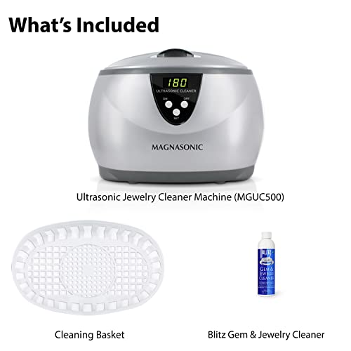 Magnasonic Ultrasonic Cleaner, 20oz Stainless Steel Tank, Digital Timer, 5 Cleaning Modes, w/ 8oz Gem & Jewelry Cleaner Concentrate Solution for All Jewelry, Eyeglasses, Watches, Dentures, Retainers - color: Silver, size: Ultrasonic Machine and Cleaning S