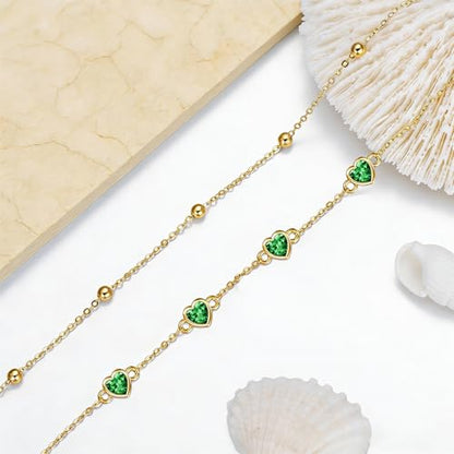 Midari 18K Yellow Gold Gemstone Birthstone Anklet Bracelet Heart Jewelry with 12 Months Birthstone Birthday Gifts for Women Wife Her Daughter Mom - color: 05-May-Emerald, size: Anklet 9"-11"