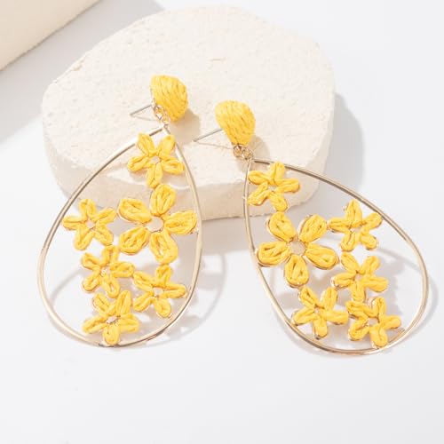 Boho Raffia Flower Teardrop Earrings Cute Colorful Dangle Trendy Jewelry | Floral Drop Statement Big Dangling Earring Hypoallergenic Gold Fun Unique Summer Spring Beach Vacation Outfits for Women - color: Yellow