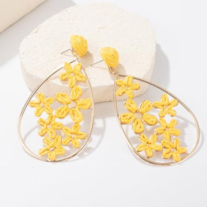 Boho Raffia Flower Teardrop Earrings Cute Colorful Dangle Trendy Jewelry | Floral Drop Statement Big Dangling Earring Hypoallergenic Gold Fun Unique Summer Spring Beach Vacation Outfits for Women - color: Yellow