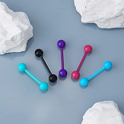 OUFER 14G 5PCS Soft Acrylic Tongue Rings Barbell Colorful Tongue Barbell Piercing for Women