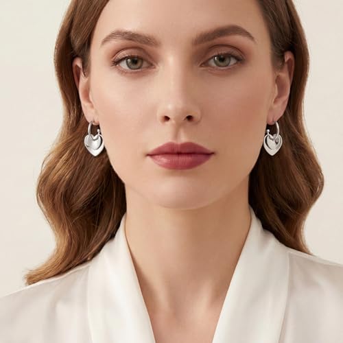 Two Tone Heart Dangle Earrings for Women Gold and Silver Heart Hoop Earrings 14K Gold Plated Valentine's Day Trendy Jewelry Everyday Jewelry - color: silver