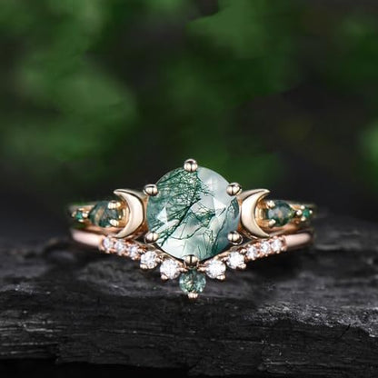10K 14K 18K Rose Gold 2CT Natural Moss Agate Engagement Ring Set for Women 925 Sterling Silver Genuine Round Green Moss Agate Leaf Art Deco Bridal Wedding Ring Set (Size 4-15)