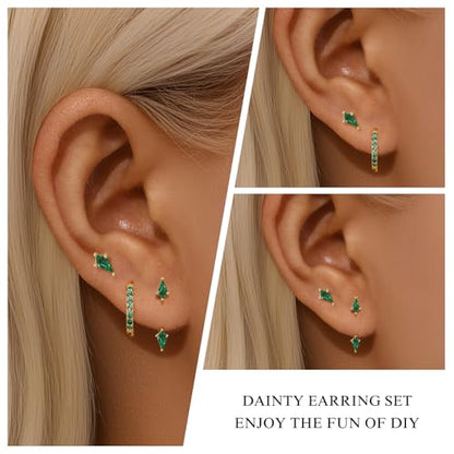 3 Pairs Stackable Kite Stud Earrings Set for Women Trendy | Dainty Birthstone Stud Gold & 925 Sterling Silver Huggie Hoop Jacket Stack Earrings for Women 2026 - color: Gold-Green Emeralde