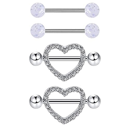 VERAMI 14G Stainless Steel Heart Nipple Rings and Barbell - Butterfly, Starlight Acrylic Ball, Tongue Rings for Women and Men - color: CLEAR-CZ