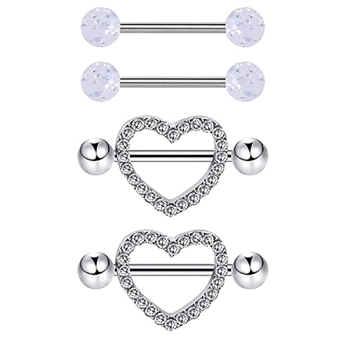 VERAMI 14G Stainless Steel Heart Nipple Rings and Barbell - Butterfly, Starlight Acrylic Ball, Tongue Rings for Women and Men - color: CLEAR-CZ