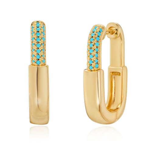 VALLOEY ROVER Chunky Gold Hoop Earrings for Women Hypoallergenic | 14k Gold Plated Small Thick Square Turquoise Cubic Zirconia Huggie Hoop Earrings for Women Fashion Trendy Jewelry Gift - color: Tur Hoop