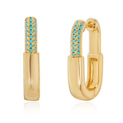 VALLOEY ROVER Chunky Gold Hoop Earrings for Women Hypoallergenic | 14k Gold Plated Small Thick Square Turquoise Cubic Zirconia Huggie Hoop Earrings for Women Fashion Trendy Jewelry Gift - color: Tur Hoop