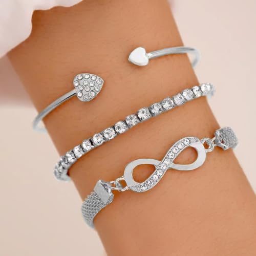 Alegend 14K Gold Plated Stackable Multilayer Bracelets + Titanium Steel(Not Rust, Resist Corruption, Easily Clean) 18K Gold Plated Single Bracelets - color: 14K Silver Heart & Infinity Symbol