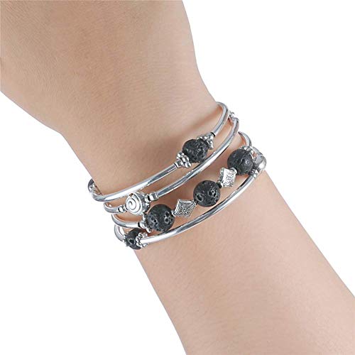 Beaded Pearl Bangle Wrap Bracelet - Fashion Bohemian Jewelry Multilayer Charm Bracelet with Thick Silver Metal Beads, Gift For Women - color: Lava Bracelet