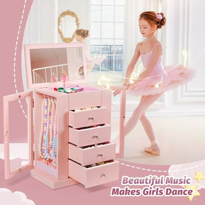 Emfogo Jewelry Box for Girls, Musical Jewelry Box with Spinning Dancer Gifts for Little Girls Christmas New Year Birthday Children's Day, 5 Layer Large Wooden Kids Music Jewelry Organizer Box(Pink) - color: Pink