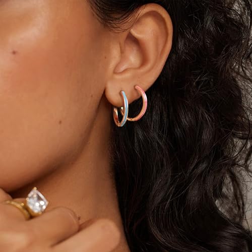 JINEAR 2 Pairs Gold Hoop Earrings for Women Dainty Huggie Earrings Set | 14K Gold Plated Cubic Zirconia Hypoallergenic Lightweight Waterproof Cartilage Hoop Earrings Trendy Jewelry Gift - color: enamel earrings-blue red