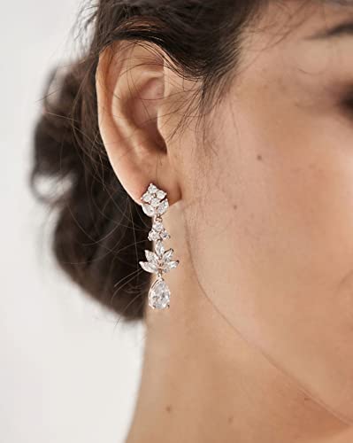 SWEETV Teardrop Wedding Earrings for Brides Birdesmaid | Crystal Cubic Zirconia Bridal Drop Earrings for Women Prom - color: Silver
