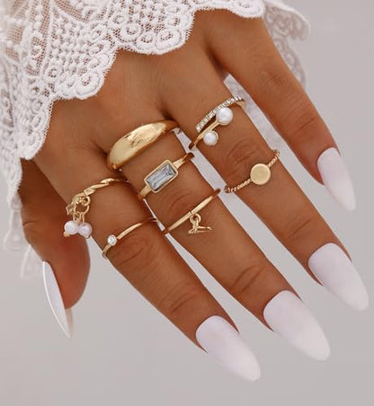 iF YOU 25 Pcs Gold Stackable Ring Set for Women, Chunky Knuckle Finger Midi Rings, Silver Simple Stacking Cute Rings Pack Trendy Stuff Jewelry Gift - style: 24 Gold pearl heart rings