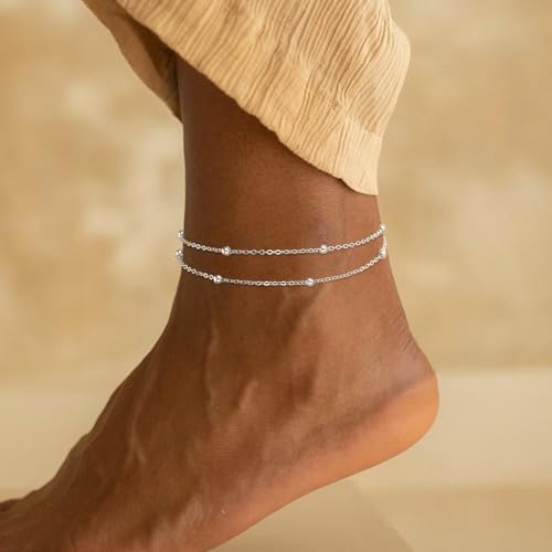 Dainty Simple Chain Anklet for Women 18k Gold/Silver Plated Summer Beach Beaded Evil Eye Moon Figaro Butterfly Satellite Cuban Pearl Flat Marina Anklet Gift - color: Layered Beaded-SL