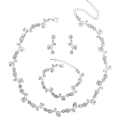 Elegant Brides Austrian Crystal Flower Choker Necklace Drop Dangle Earring Bracelet Wedding Jewelry Set for Bridesmaid Prom Costume Jewelry Set for Women - color: White-Platinum Plated