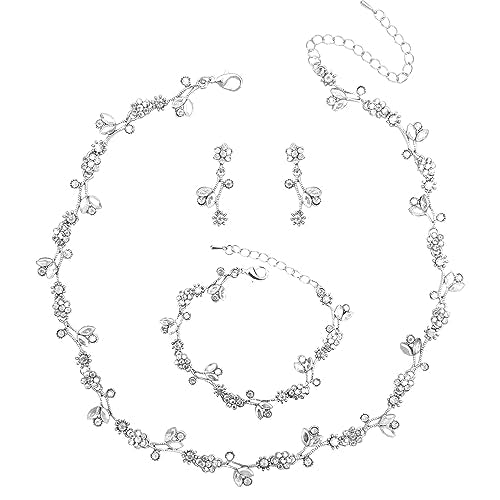 Elegant Brides Austrian Crystal Flower Choker Necklace Drop Dangle Earring Bracelet Wedding Jewelry Set for Bridesmaid Prom Costume Jewelry Set for Women - color: White-Platinum Plated