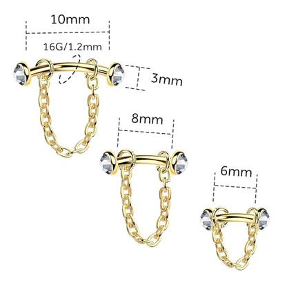 3 Pcs 316L Stainless Steel 16G Tragus Helix Rook Piercing Jewelry with Chain, Cartilage Earrings for Women, Belly Button Ring Vertical Labret Lip Piercing Jewelry - color: Gold, size: Full Setting
