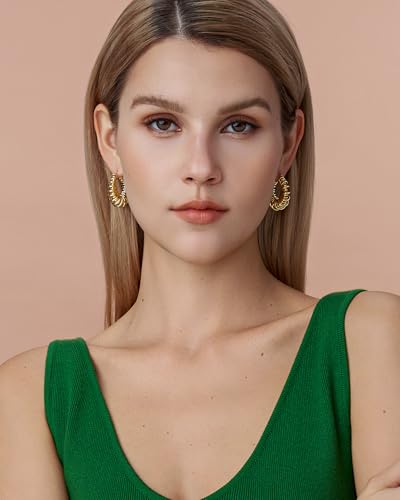 18K Gold Plated Chunky Curve Twisted Open Hoop Statement Stud Earrings with CZ for Women by SNGIA, Large Handmade Spiral Texture Braided Formal Trendy Hoop Jewelry Gifts, Big Circle Geometric Shell Beachy Vacation Fashion Hanging Earrings Accessories, Vin