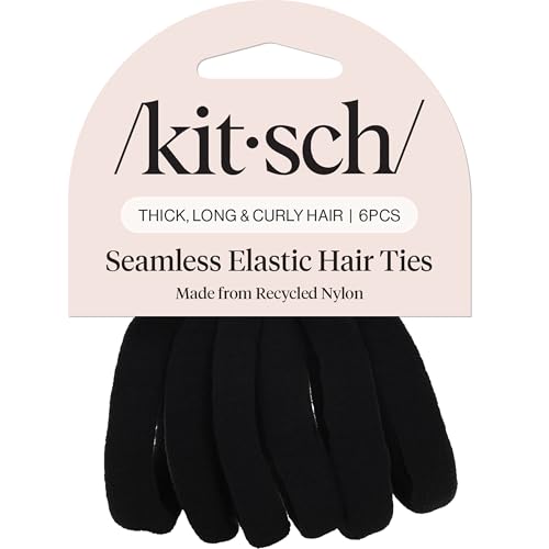 Kitsch Elastic Hair Ties No Damage | Stretchable Hair Bands - Black, 6pcs | Strong All-Day Hold Hair, Rubber Bands For Hair, Ponytail Holders | Hair Accessories for Everyday Use - color: Black Thick (Pack of 6)