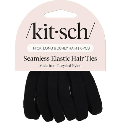Kitsch Elastic Hair Ties No Damage | Stretchable Hair Bands - Black, 6pcs | Strong All-Day Hold Hair, Rubber Bands For Hair, Ponytail Holders | Hair Accessories for Everyday Use - color: Black Thick (Pack of 6)