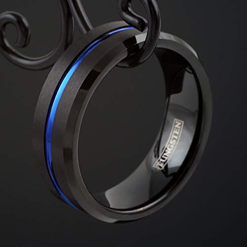 Elegant 6mm/8mm Brushed Satin Finish Black Tungsten Carbide Band Ring w/Cool Thin Blue Line Stripe & Polished Beveled Edges feat. Comfort Fit Inner Band.