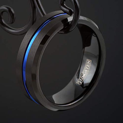 Elegant 6mm/8mm Brushed Satin Finish Black Tungsten Carbide Band Ring w/Cool Thin Blue Line Stripe & Polished Beveled Edges feat. Comfort Fit Inner Band.