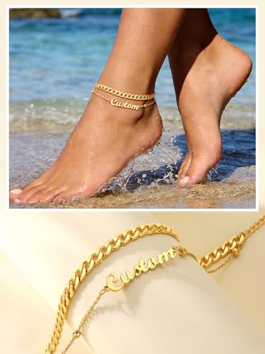 Custom4U Custom Name Anklet Bracelets for Women Waterproof Beaded/Figaro/Cuban/Rope/Wheat Chain Anklet Stackable Gold Plated Non Tarnish Custom Beach Gift Barefoot Summer Jewelry for Her - color: B01-Gold Cuban Chain