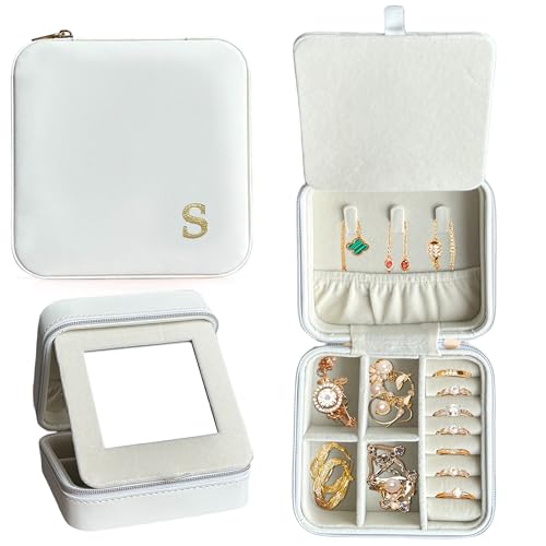 COLLECTIVE HOME - Travel Jewelry Case, Elegant Square Design with Gold Engraved Monogram, Built-in Mirror, Personalized Accessory Organizer for Rings, Necklaces, Gift for Women and Teens (s) - color: s