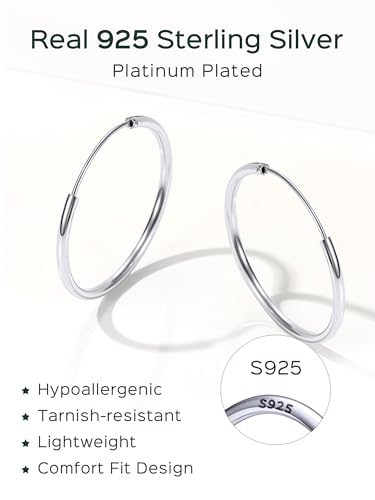 ChicSilver 925 Sterling Silver Hoop Earrings for Women Hypoallergenic, Lightweight Large Gold Plated Silver Hoop Earrings, Endless Hoops Earring 20/30/40/50/60/70MM - color: A. High Polished Silver, size: 30mm
