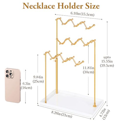 Gold 3-Tier Necklace Holder Organizer Necklace Display Stand with 36 Hooks | Adjustable Jewelry Organizer with Metal Tray, Tall Necklace Tree Rack for for Dresser Small Space, Gift for Women Girl