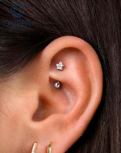 OUFER 16g Flower Rook Earrings Silver Rook Piercing Jewelry Hypoallergenic Surgical Steel Eyebrow Earrings Curved Barbell Small Belly Button Rings for Women