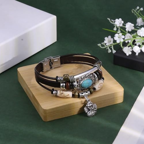 INENIMARTJ Western Turquoise Leather Wrap Bracelets for Men Women Boho Multilayer Turquoise Cuff Wrap Bracelet Western Bracelet Jewelry for Men and Woman - color: 20coffee