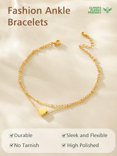 FindChic Stainless Steel Ankle Bracelets for Women, Waterproof Figaro/Cuban/Box/Beaded Chain Anklets, Summer Beach Foot Jewelry, 8.5''-10.5'' Adjustable Length, with Gift Box - style: Layered Heart Charm-Gold