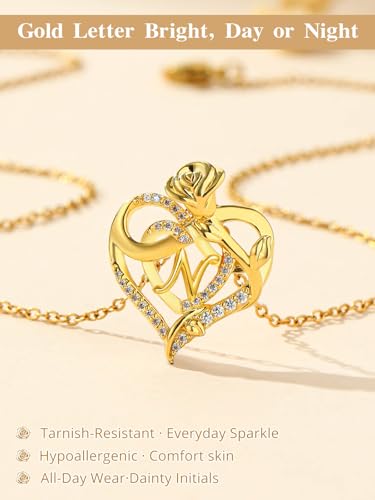 14k Gold Heart Initial Necklaces for Women, Dainty Letter Pendant Chain Necklace, Letter A to Z Initial Jewelry, Anniversary Birthday Gifts for Her Wife Mom Daughter - style: Letter N