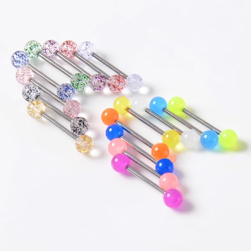 FORUBUS Colorful Tongue Rings Nipple Rings for Women Body Piercing Jewelry 14G 16mm Pierced Barbells Body Jewelry 50Pcs/30Pcs/20Pcs Pack - color: E-16pcs glow steel