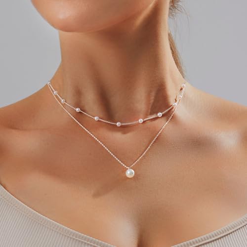 OGD Gold Pearl Necklace Set for Women 14K Plated Layered Daisy Choker Gift - color: Silver Pearl Necklace-2PCS